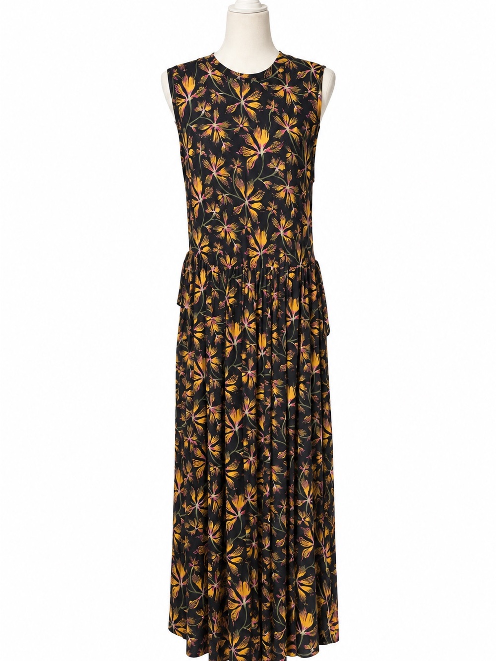 Ulla Johnson Black Floral Sleeveless Maxi Dress with Yellow and Pink Blooms
